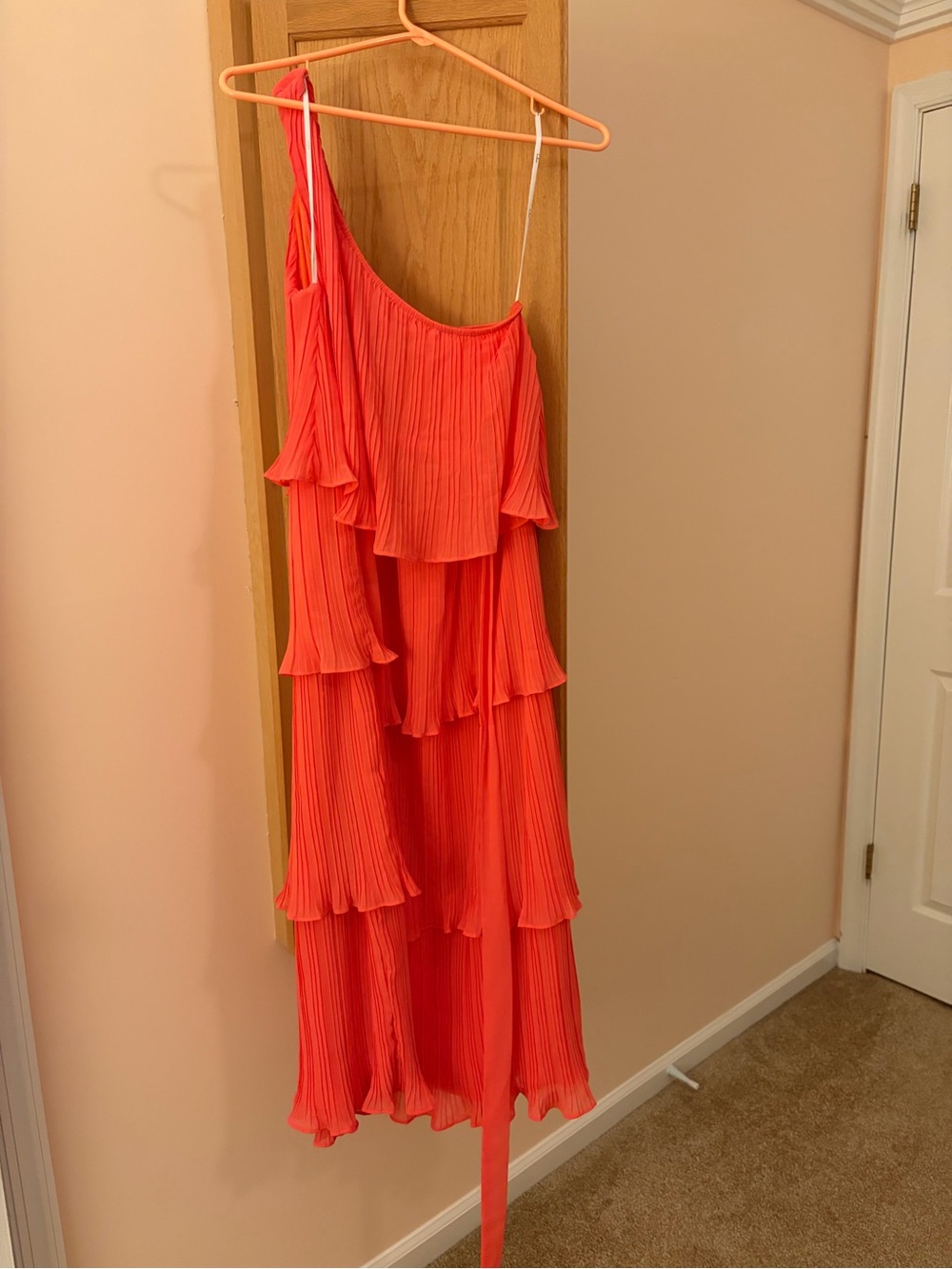 Lulu's Coral One-Shoulder Tiered Ruffle Dress
